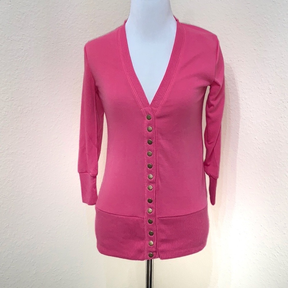 Fuchsia 3/4 Sleeve Snap Up Spring Summer Cardigan - Picture 4 of 7